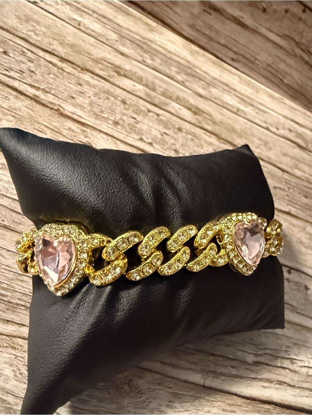 Iced Out Gold Plated Chain Bracelet with Pink Heart Crystal Rhinestone